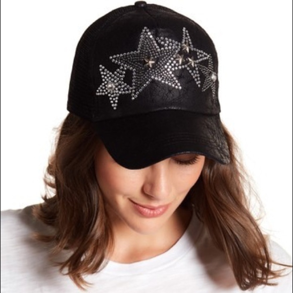 NATASHA 4 EMBELLISHED STAR ROCKER HAT CAP BLACK NWOT